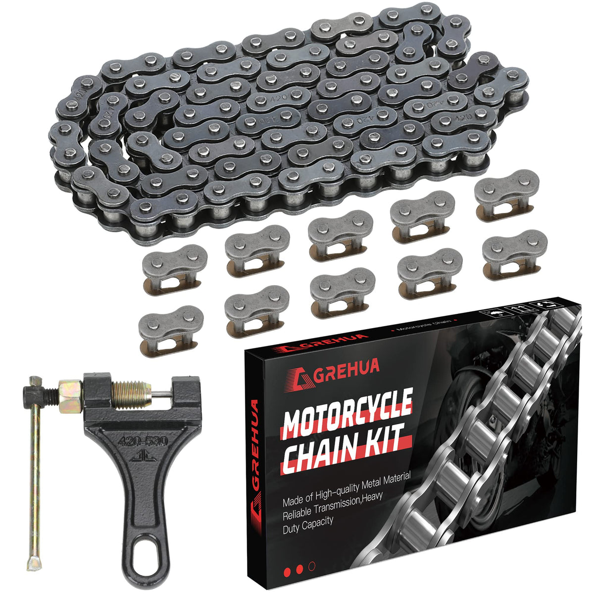 GREHUA 420 mini bike chain 90-link close-up shows durable power transfer.