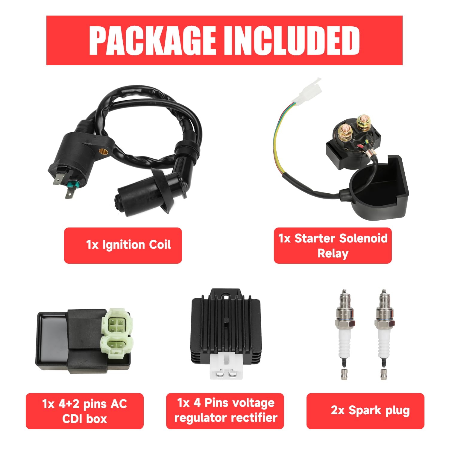 GREHUA package includes CDI box, solenoid, ignition coil, regulator, and A7TC plugs.