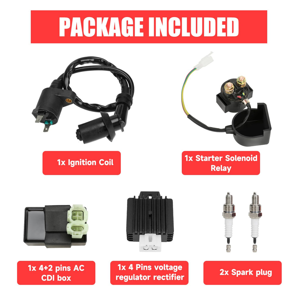 GREHUA package includes CDI box, solenoid, ignition coil, regulator, and A7TC plugs.