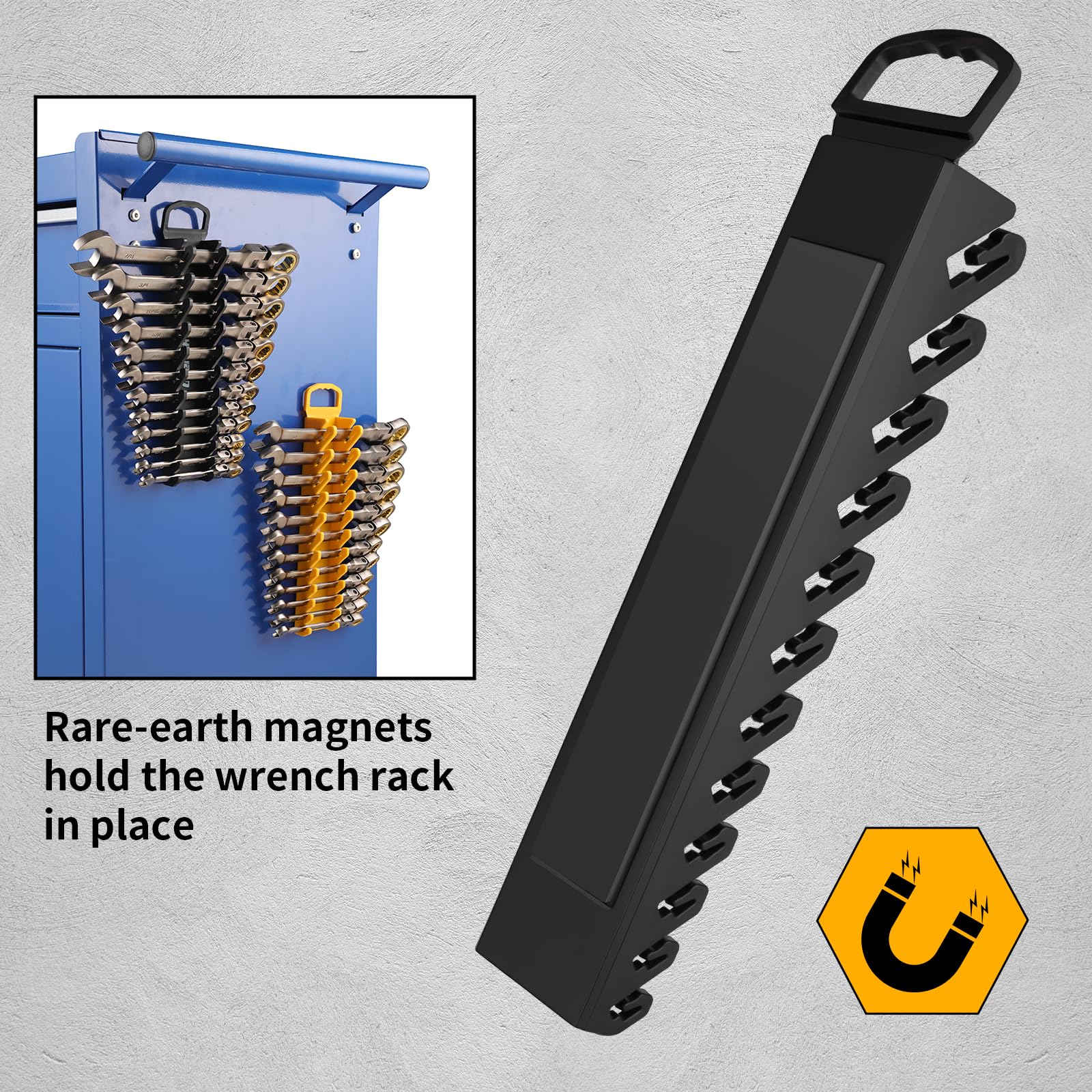 GRENPRO magnetic base keeps wrenches aligned during drawer movement.