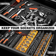GRENPRO magnetic tray holds metric and SAE sockets for quick selection.
