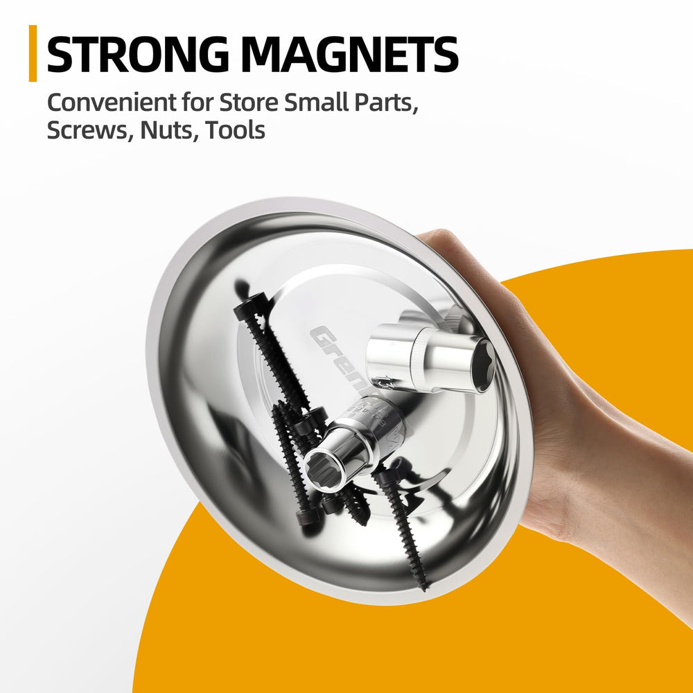 GRENPRO 6-inch round magnetic tray organizing nuts and bolts during repairs.