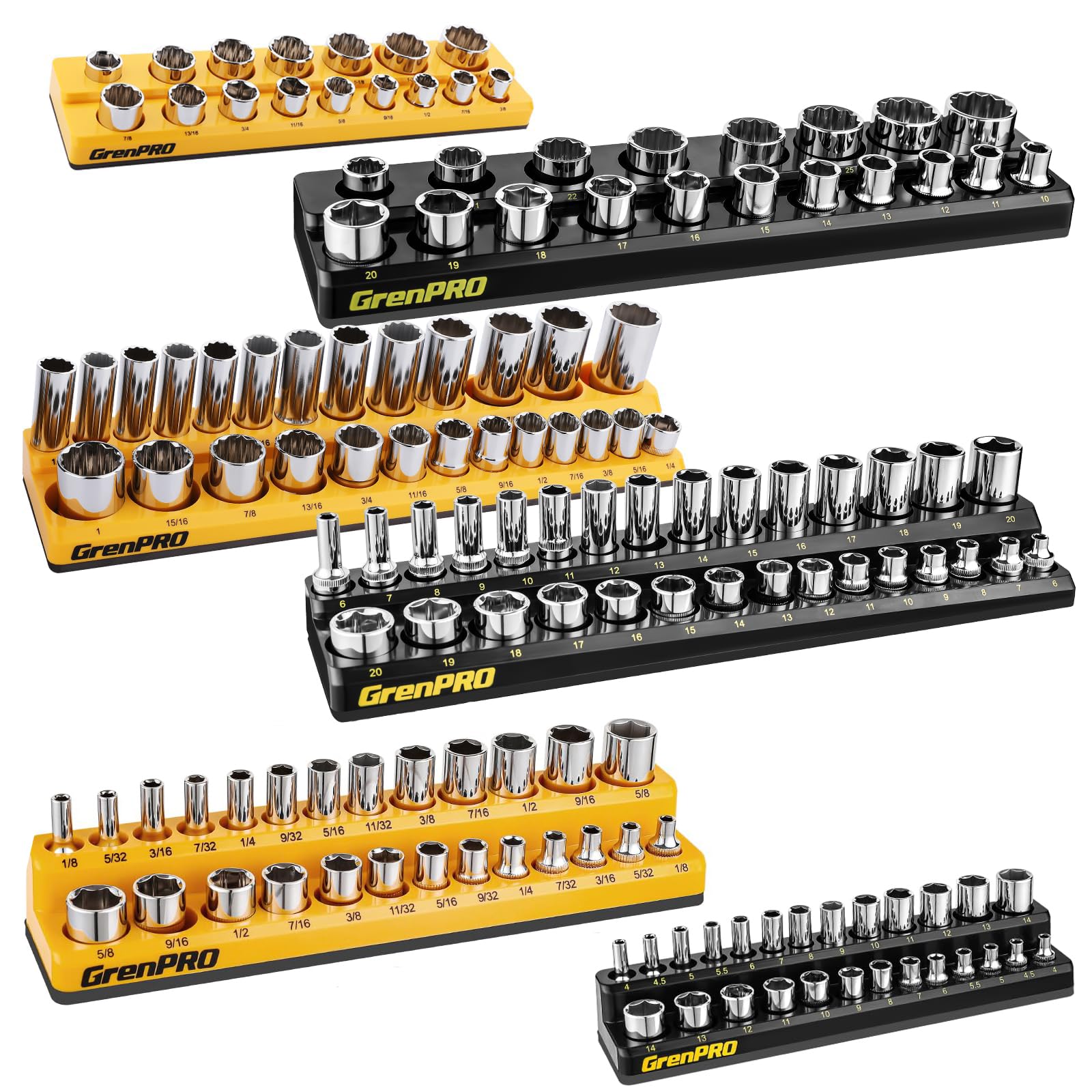 GRENPRO socket organizer with magnetic base keeps sockets secure on metal surfaces.
