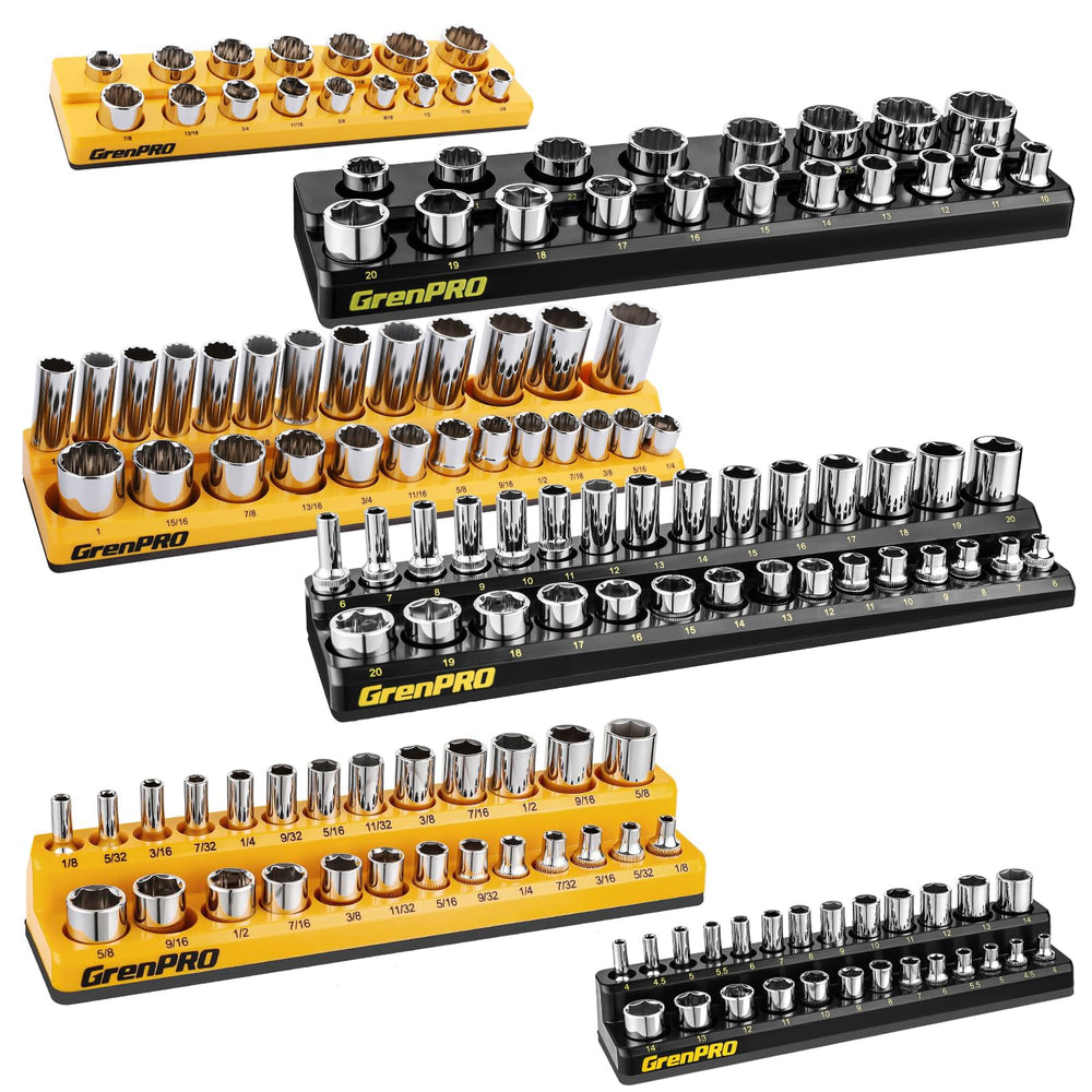 GRENPRO socket organizer with magnetic base keeps sockets secure on metal surfaces.