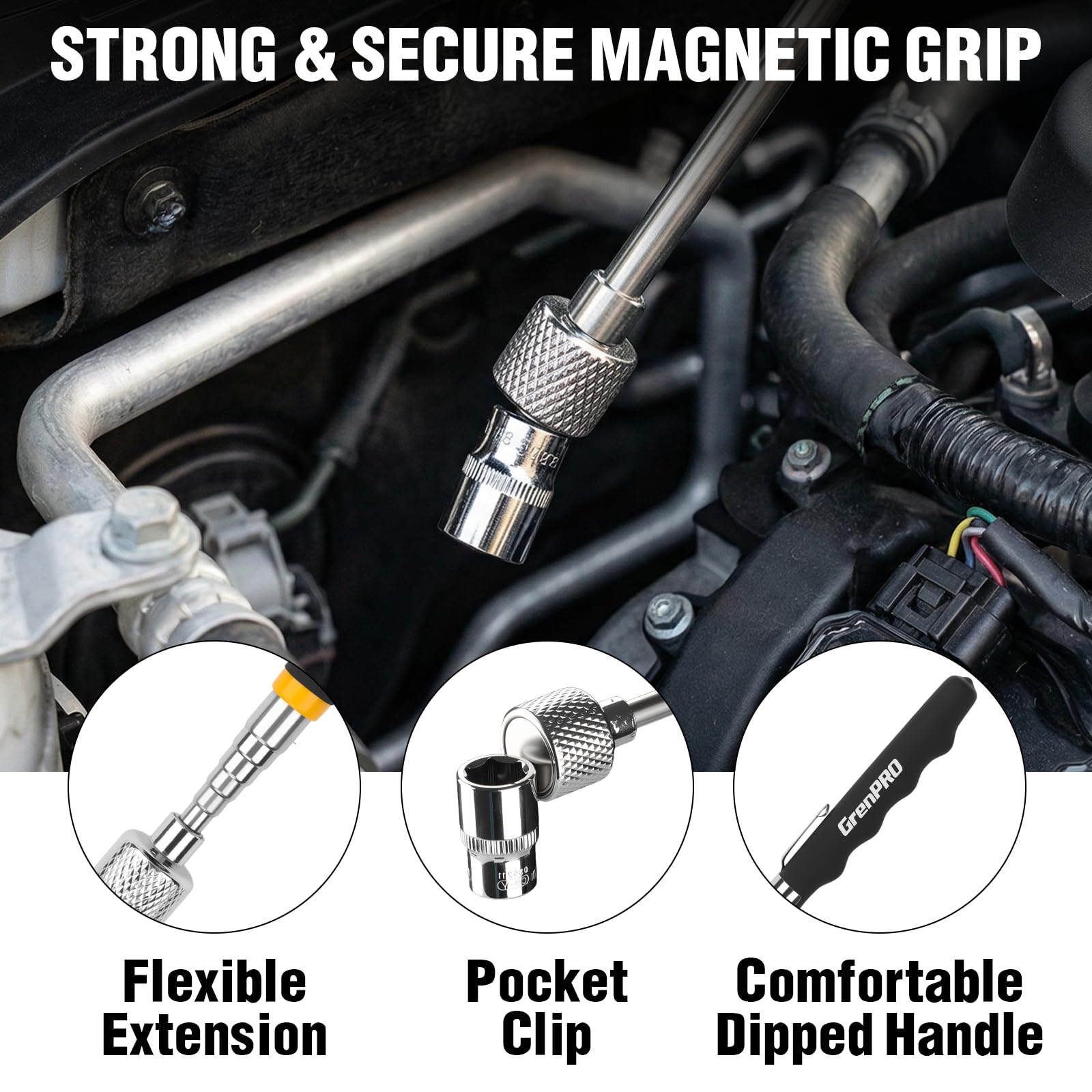 GRENPRO telescoping magnetic pickup tool extended to retrieve fasteners