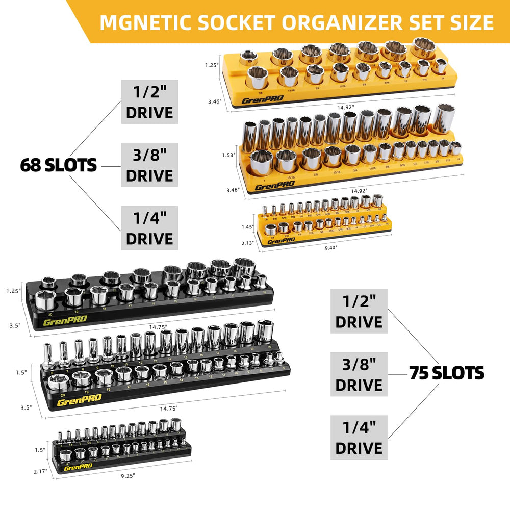 GRENPRO yellow SAE organizer quickly differentiates sizes during work.
