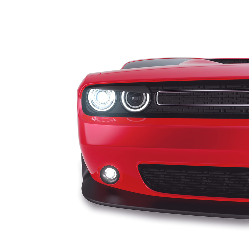 GRIDREADY Angry Eyes headlight eyelids on a Dodge Challenger front view for a bolder look.