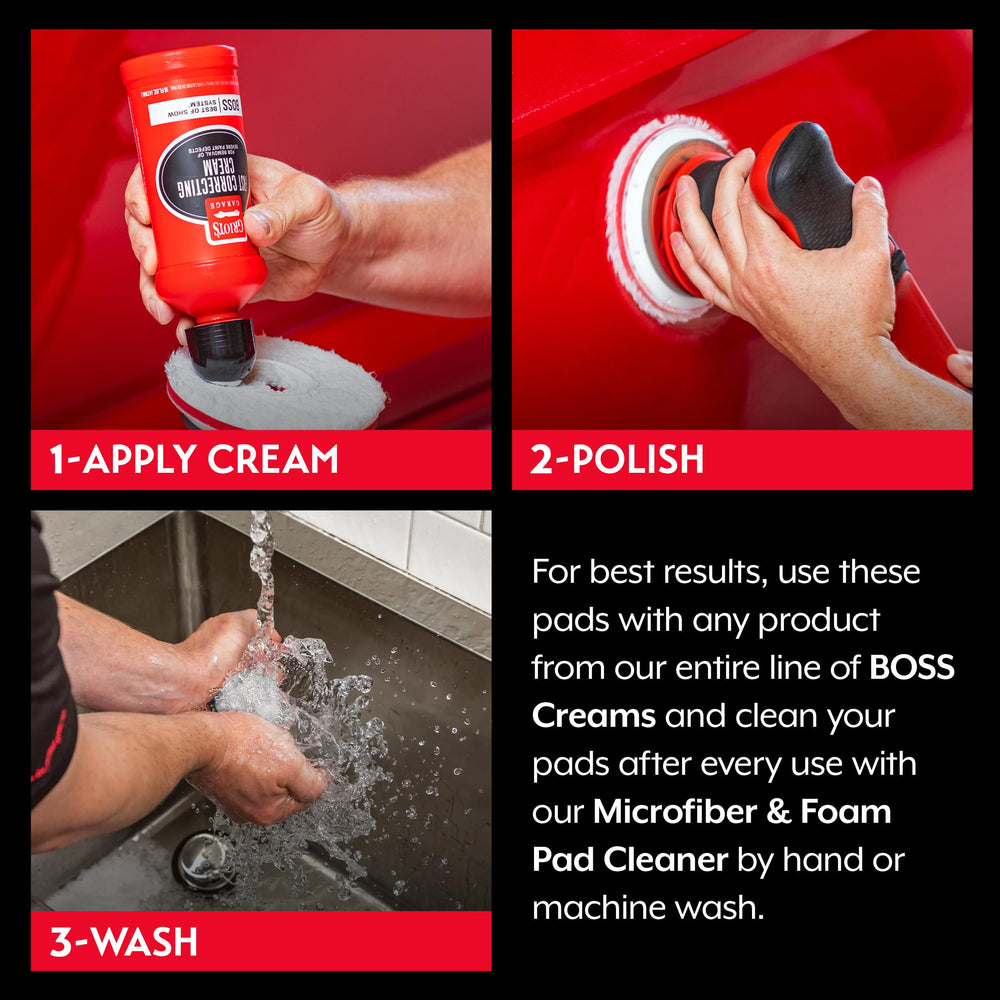 Griot's Garage BOSS white microfiber pads maintain cutting performance during long sessions