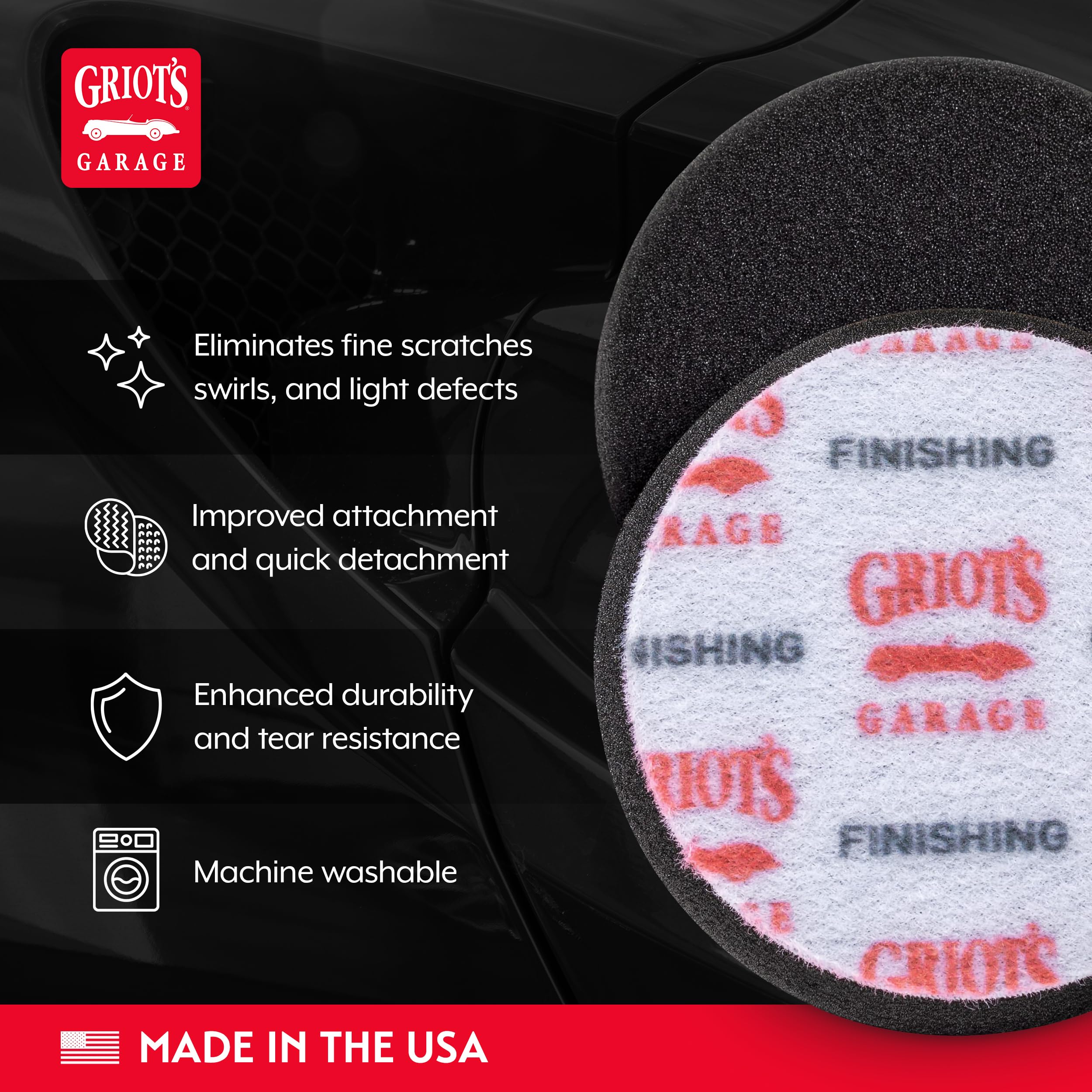 Griot's Garage 3-inch pad bevel face promotes uniform product distribution during polishing