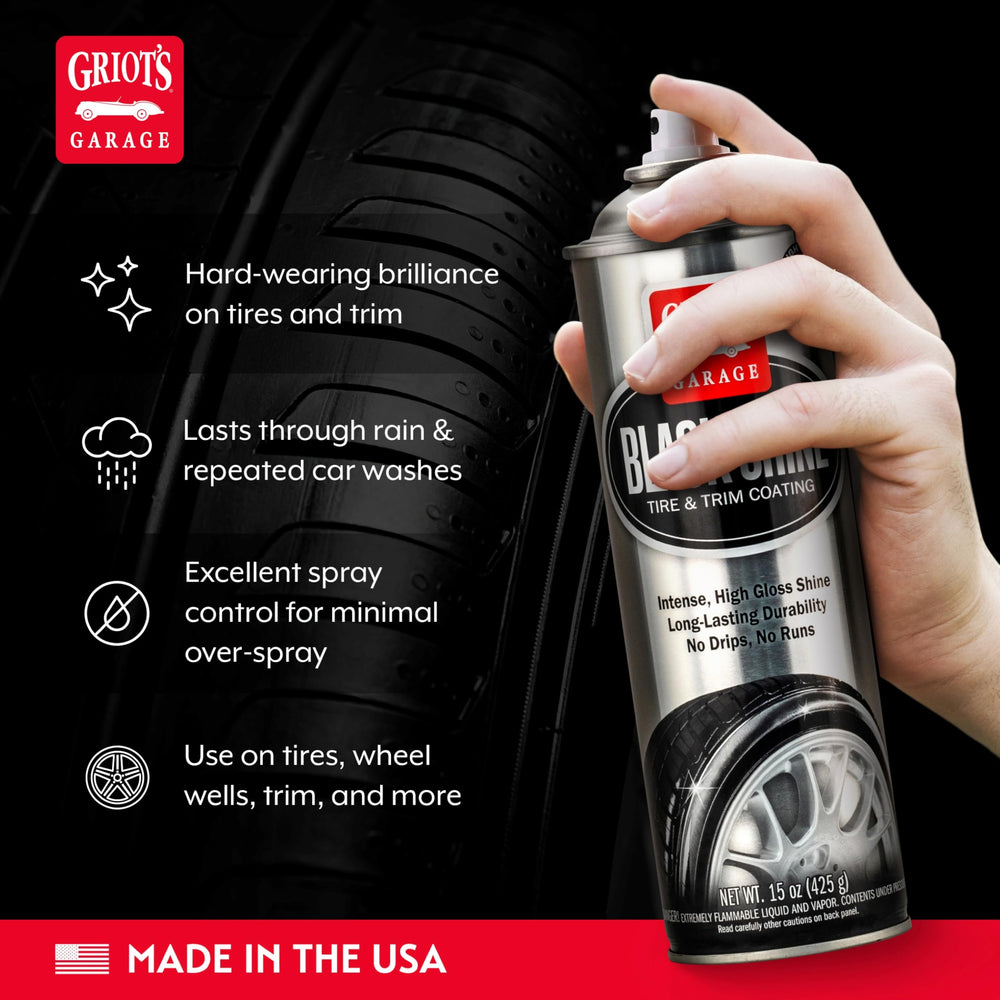 Griot's Garage Black Shine tire gloss finish enhances tires with a rich, wet appearance.