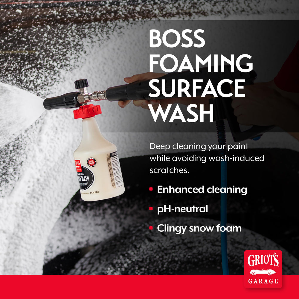 Griot's Garage Boss Foaming Surface Wash showing foam cannon compatibility for extended dwell time
