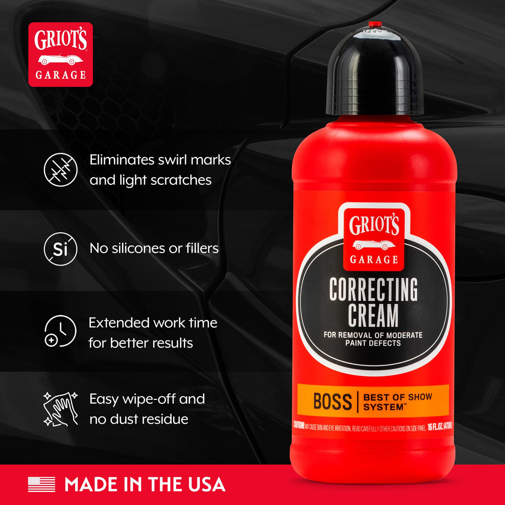 Griots Garage swirl-removal close up shows swirl marks fading with BOSS cream.