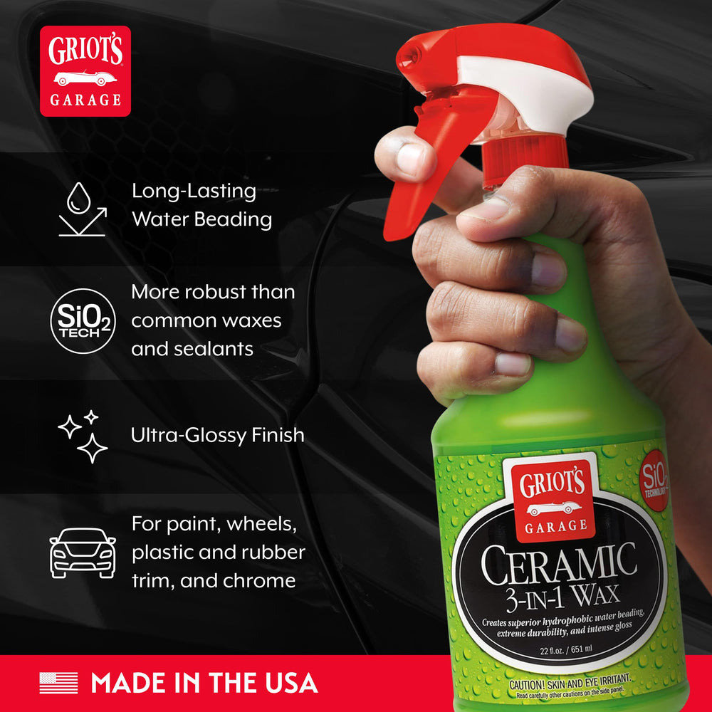 Griot's Garage Ceramic 3-in-1 Wax spray creating water bead action on paint