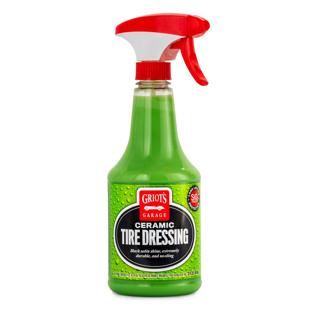 Griot's Garage Ceramic Tire Dressing bottle shows satin finish potential on tires