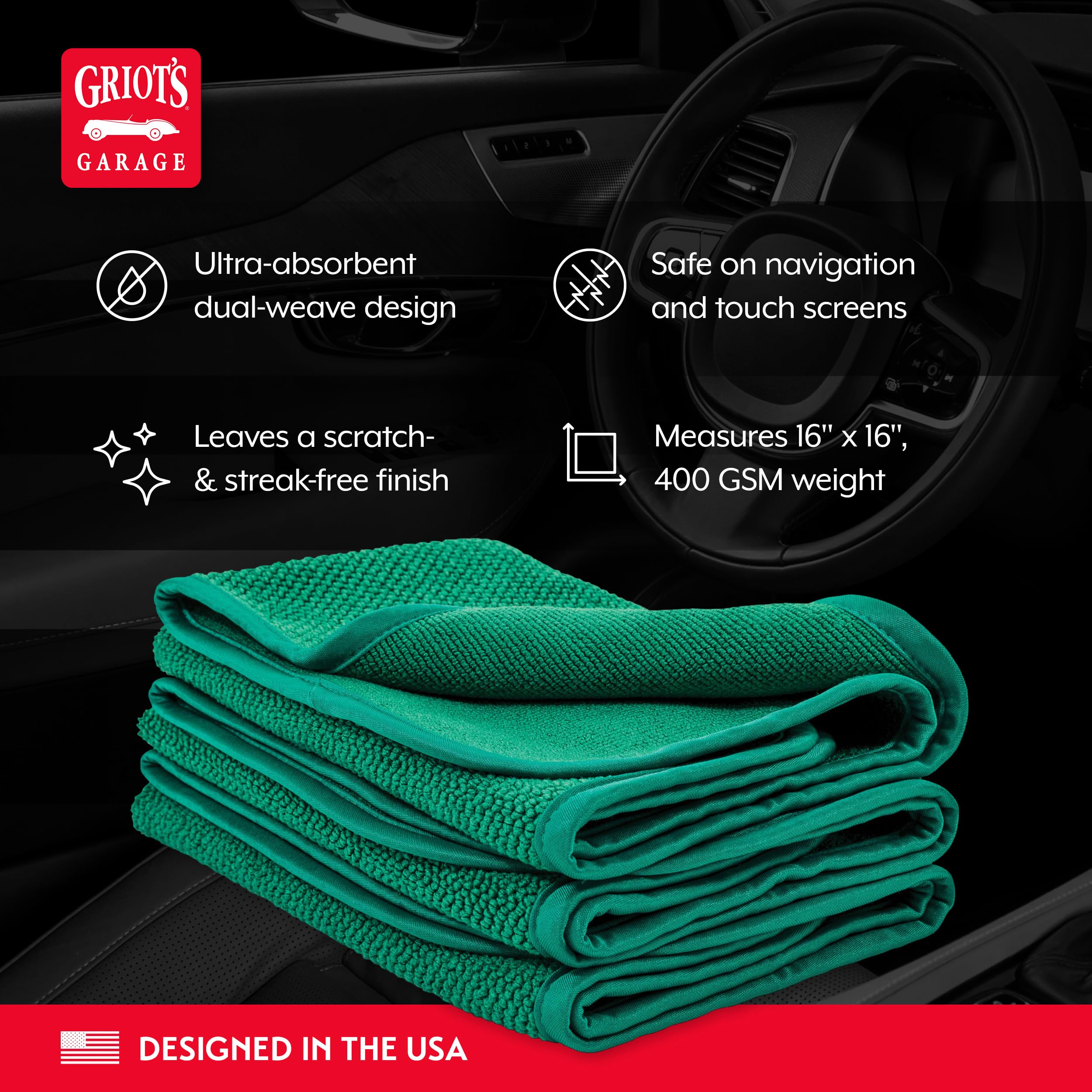 Griot's Garage Dual Weave Interior Towels satin edges prevent scratches on glossy surfaces