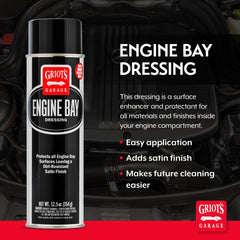 Griot's Garage Engine Bay Dressing before-after highlights restored factory-like appearance with satin to gloss finish.