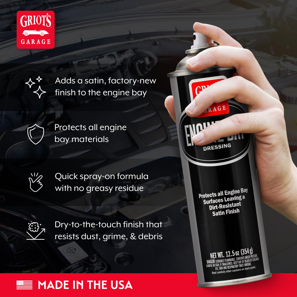 Griot's Garage Engine Bay Dressing finish-satin shows subtle sheen compatible with various engine materials.