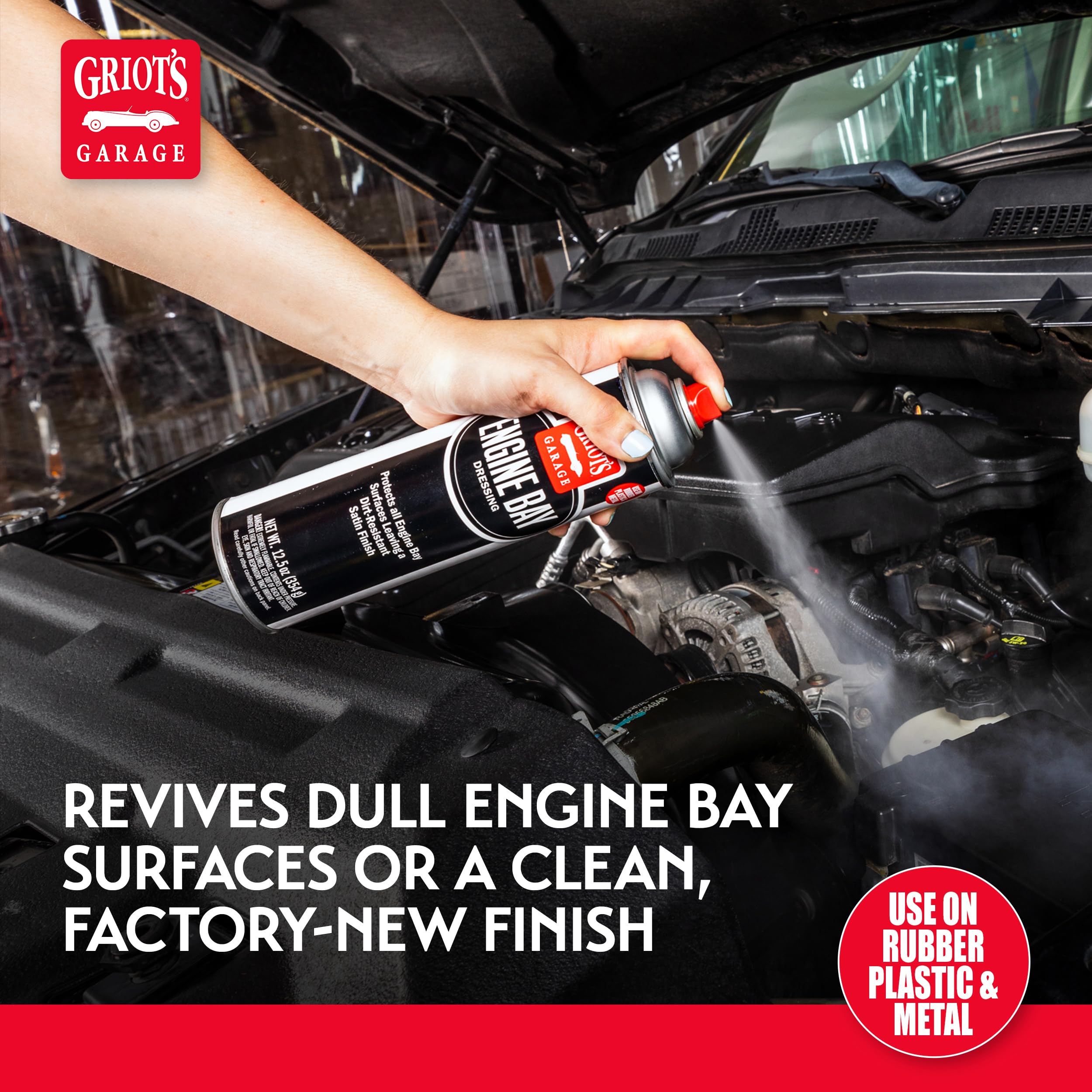 Griot's Garage Engine Bay Dressing gloss-layering demonstrates buildable shine on demand.