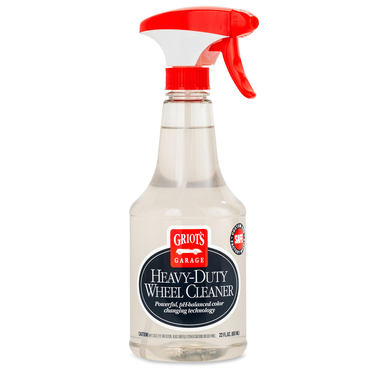 Griot's Garage Heavy-Duty Wheel Cleaner bottle shows color-changing action for brake dust removal.