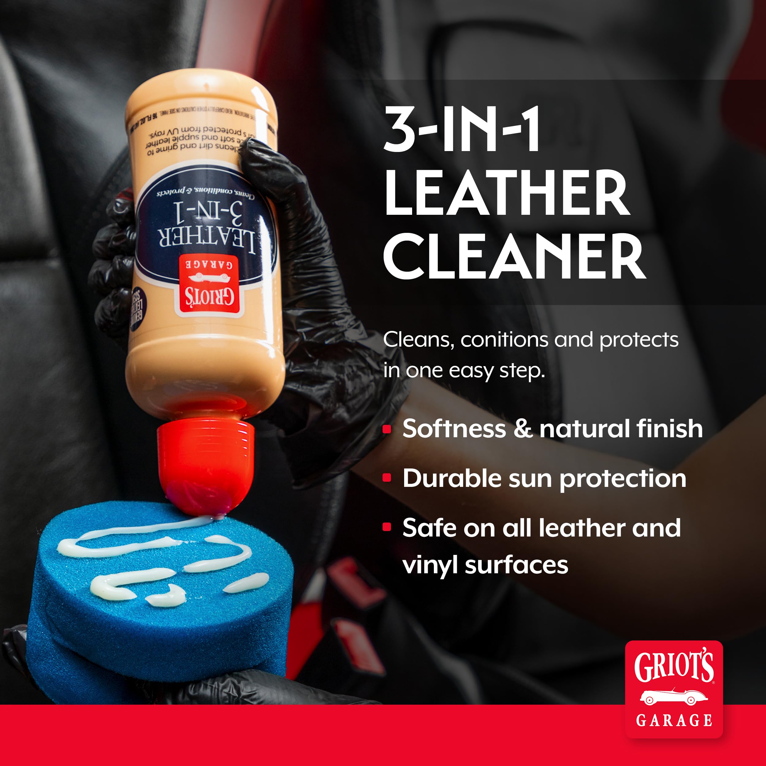 Griot's Garage Leather 3-in-1 application with Blue Detail Sponge for even coverage.