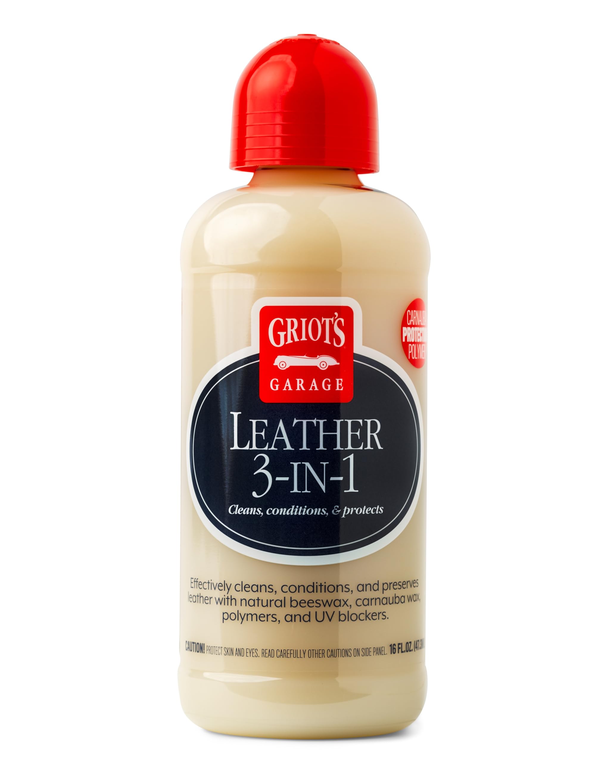 Griot's Garage Leather 3-in-1 bottle pour for easy one-step leather care.