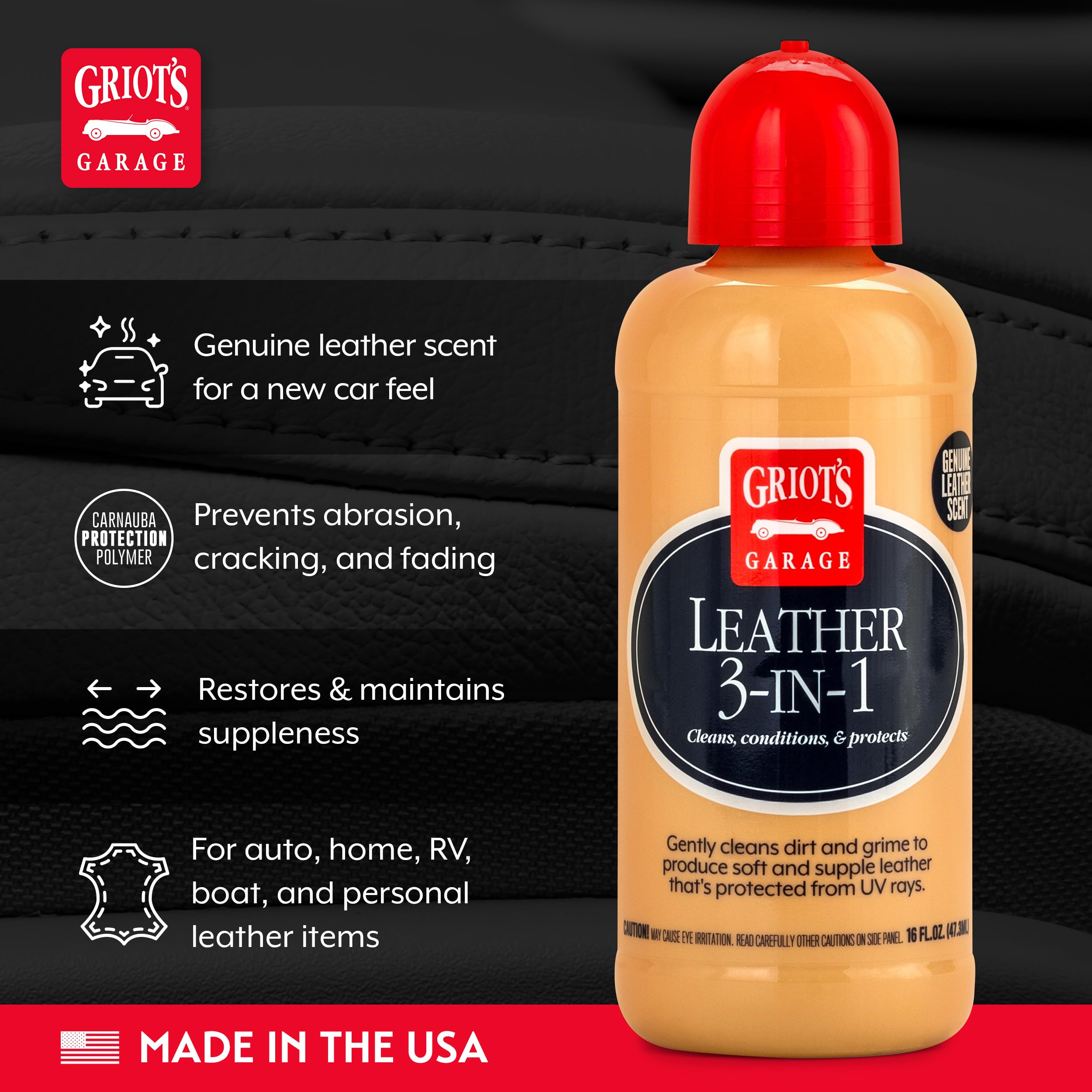 Griot's Garage Leather 3-in-1 buffed with towels for factory-like finish.