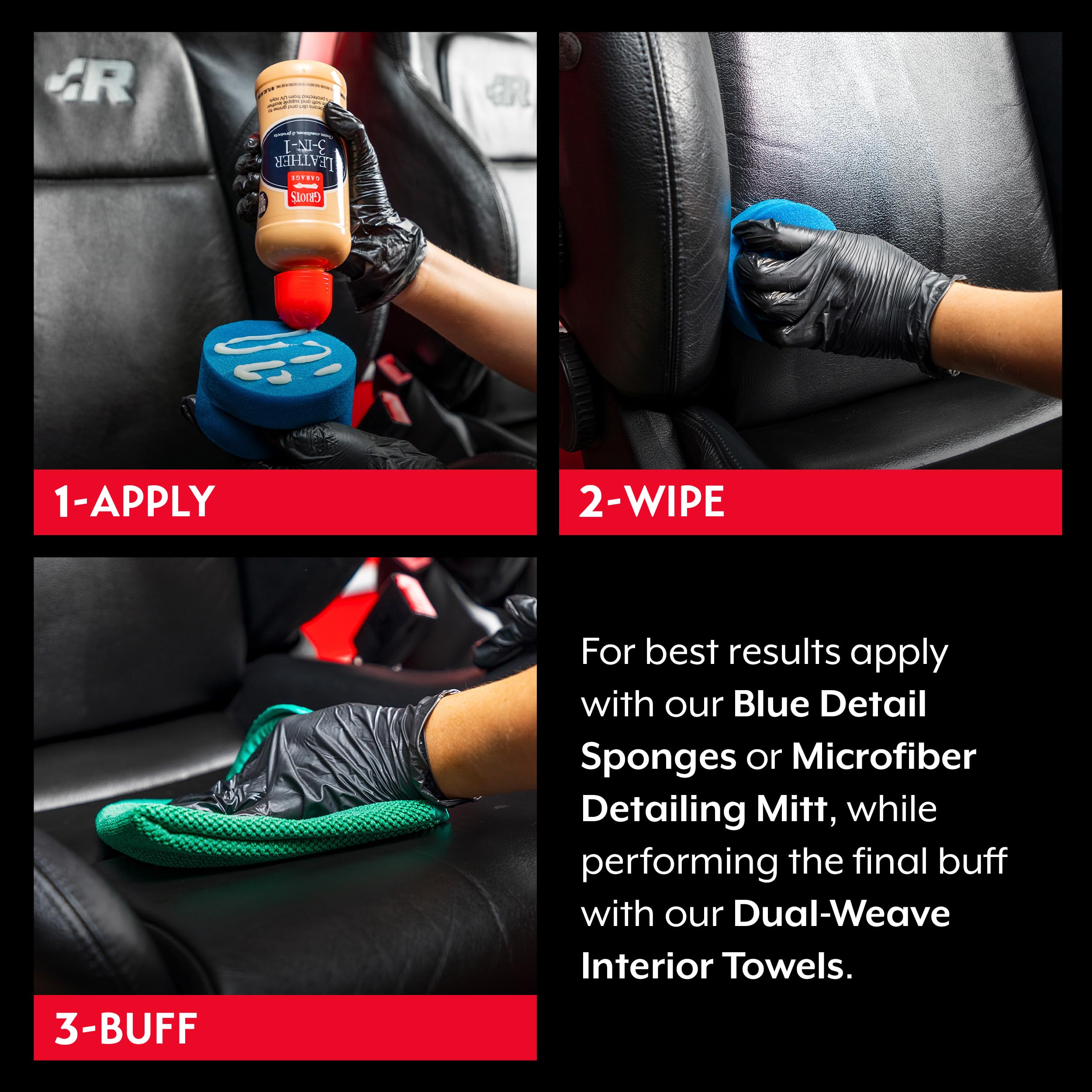 Griot's Garage Leather 3-in-1 seat cleaning demonstrates interior care.