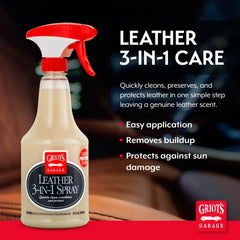 Griot's Garage Leather 3-in-1 spray applying on leather seat for renewed softness.