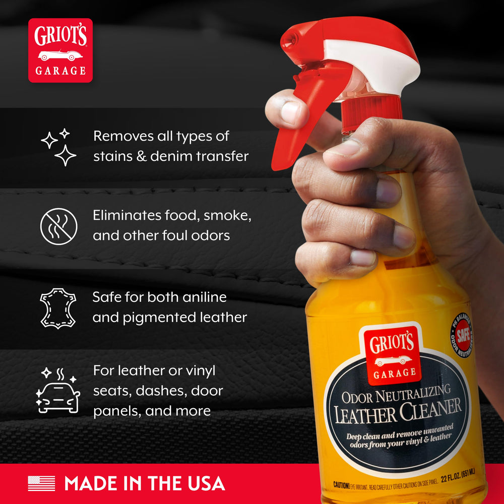 Griot's Garage leather cleaner used on car seat for stain lift and odor control