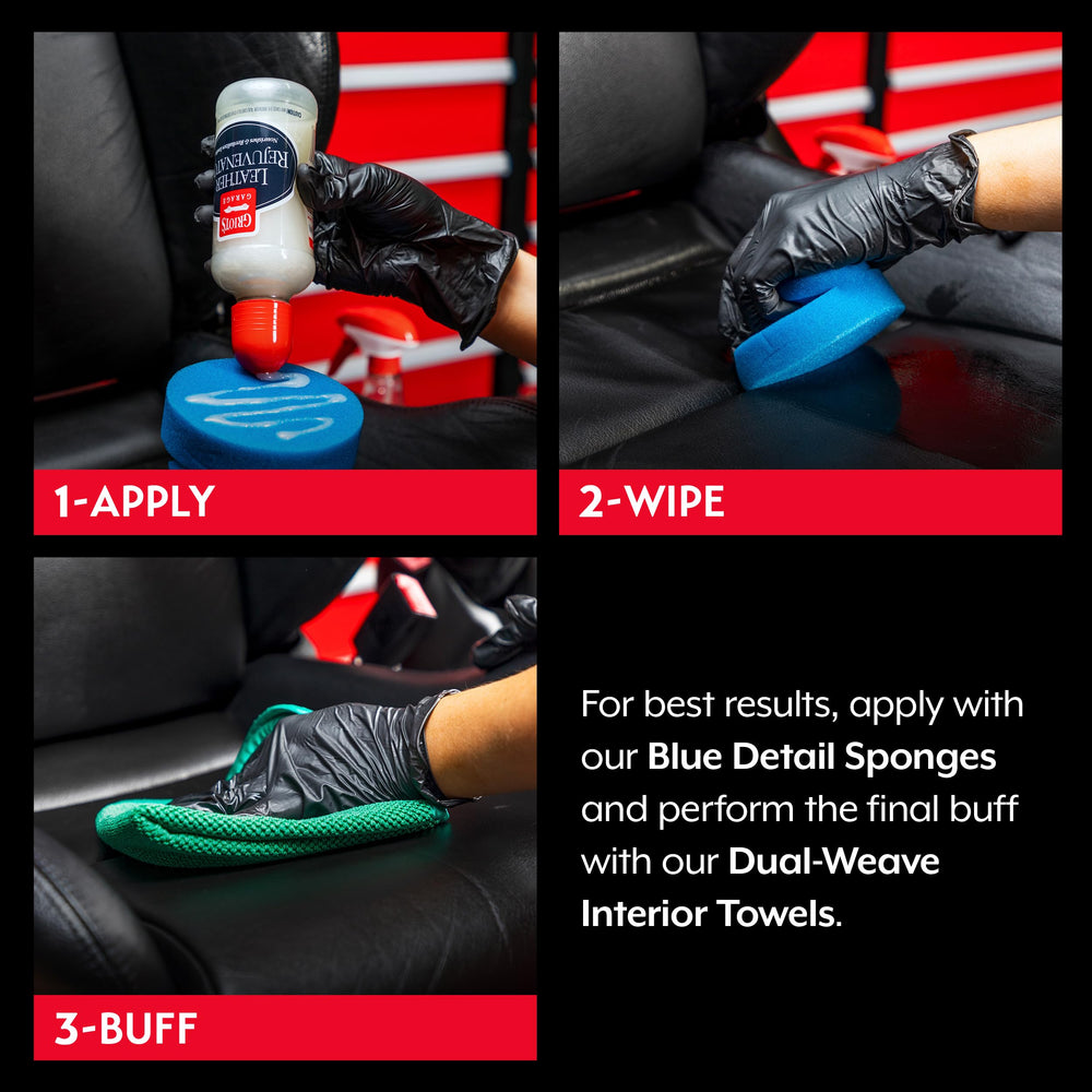 Before and after leather seats refreshed by Griot's Garage Leather Rejuvenator
