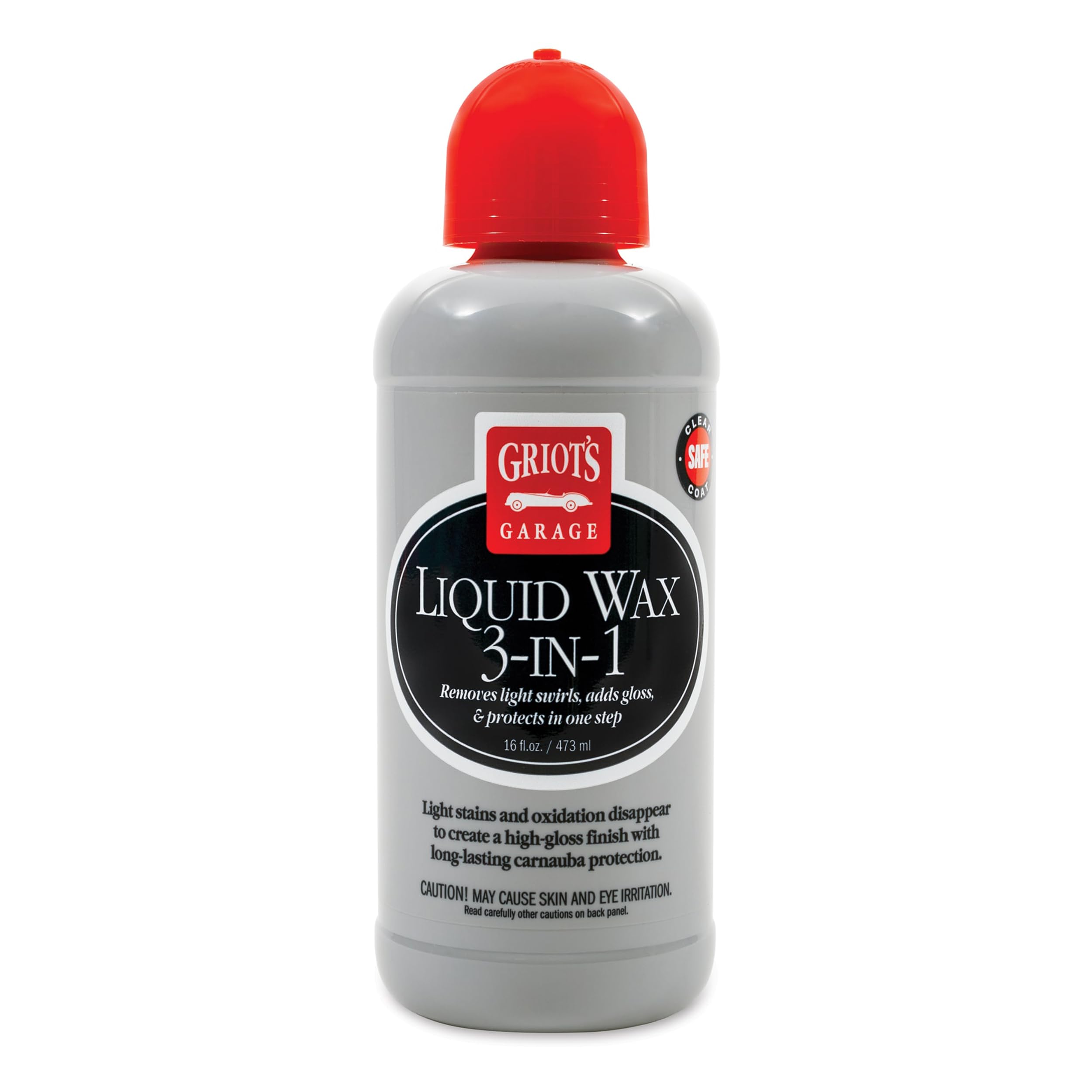 Griot's Garage Liquid Wax 3-In-1 bottle showcasing easy cleaning, polishing, and protection.