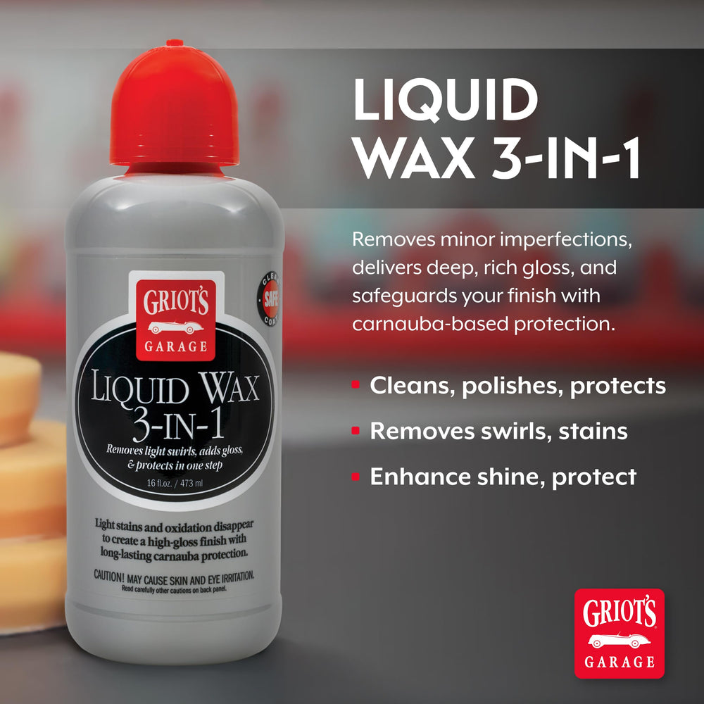 Griot's Garage Liquid Wax 3-In-1 hand-application scene emphasizes quick, durable shine.