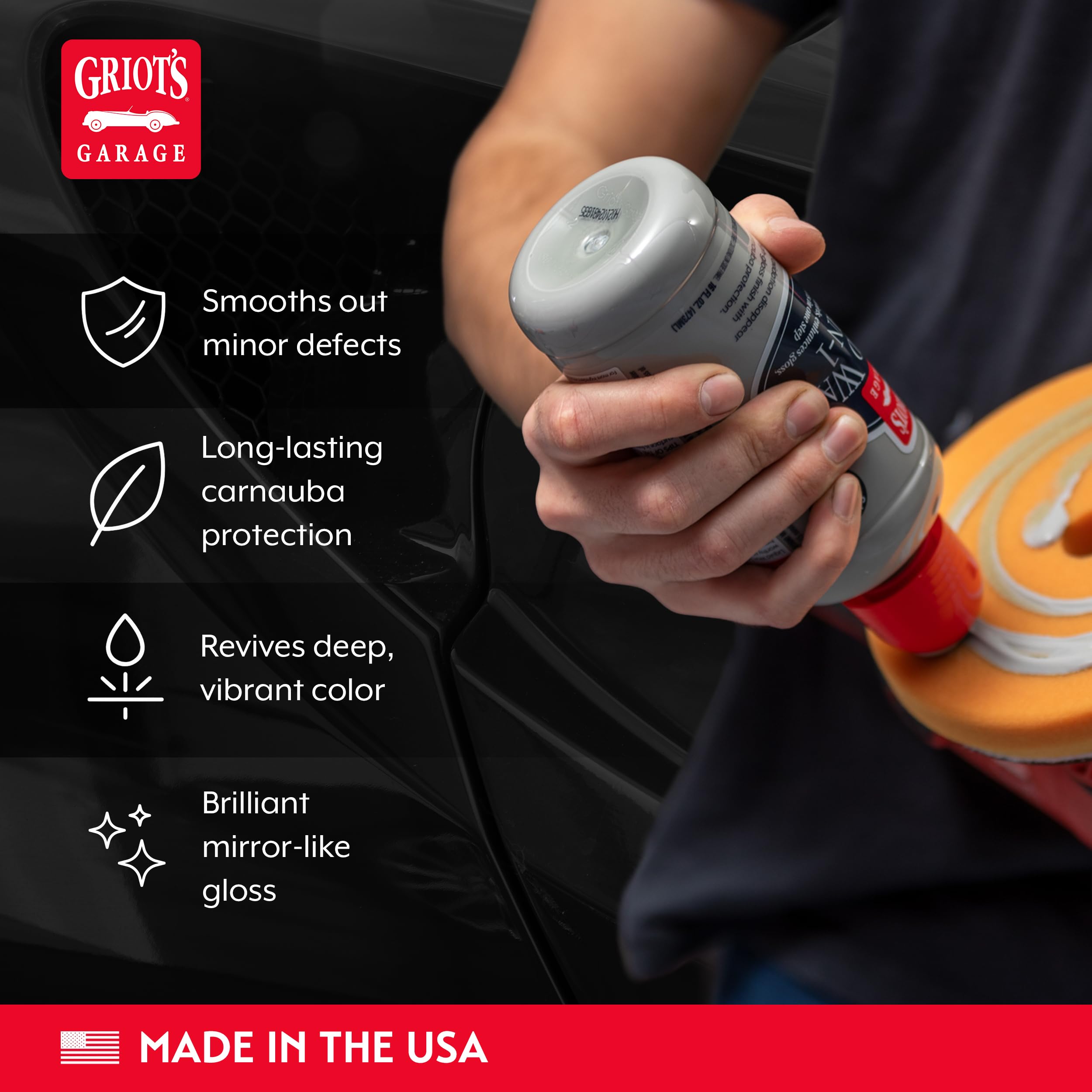 Griot's Garage Liquid Wax 3-In-1 applied with orbital polisher highlights deep, even gloss.