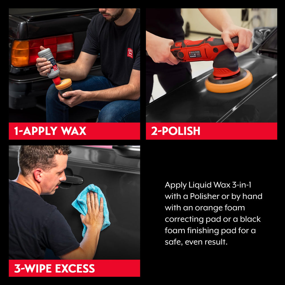 Swirl removal close-up using Griot's Garage Liquid Wax 3-In-1 shows smoother finish.