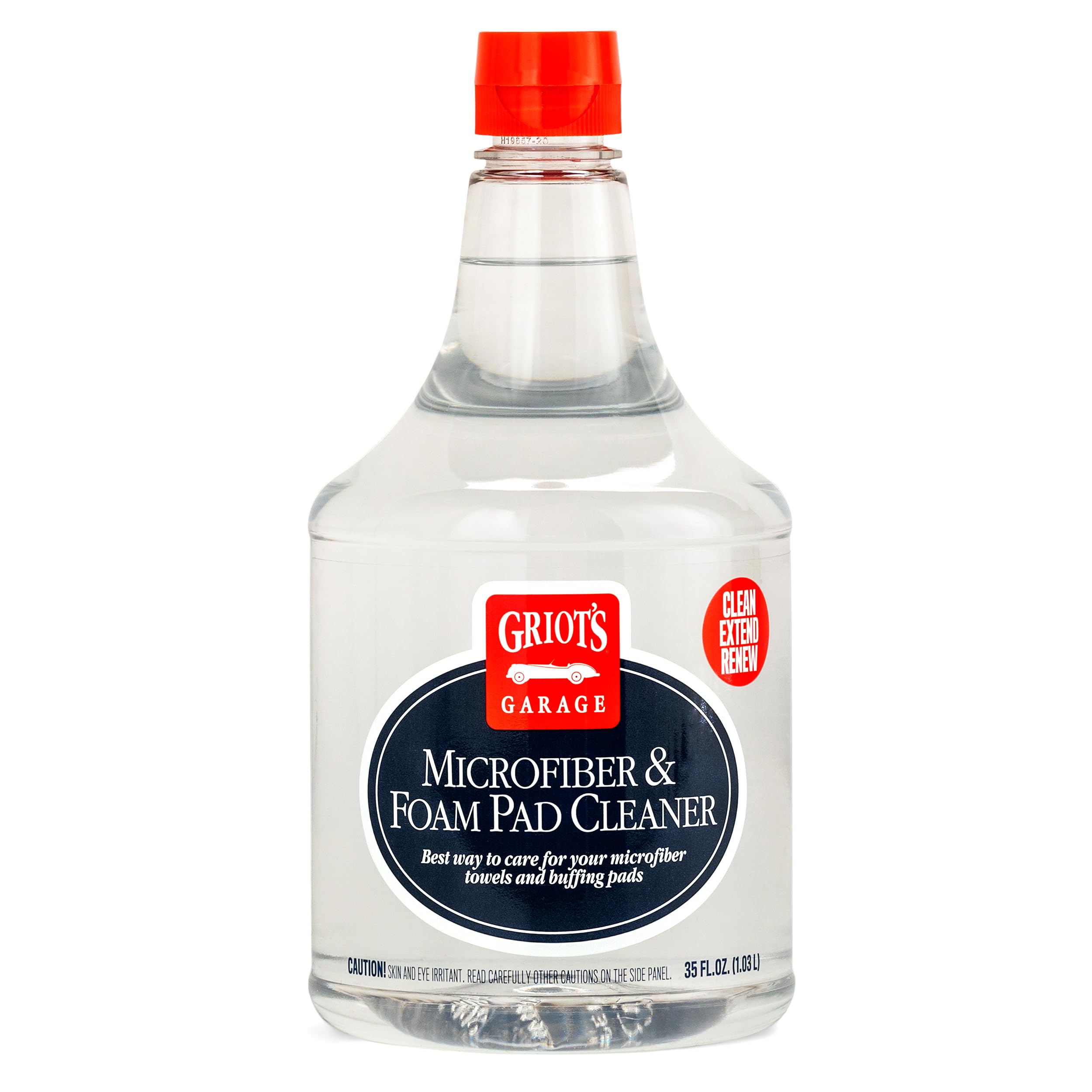 Griot's Garage microfiber pad cleaner bottle close-up for residue removal and prepping towels.