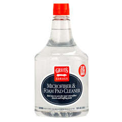 Griot's Garage microfiber pad cleaner bottle close-up for residue removal and prepping towels.