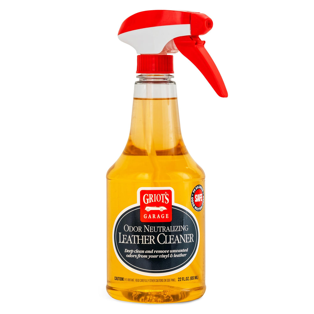 Griot's Garage odor neutralizing leather cleaner bottle showing easy spray use for deep clean
