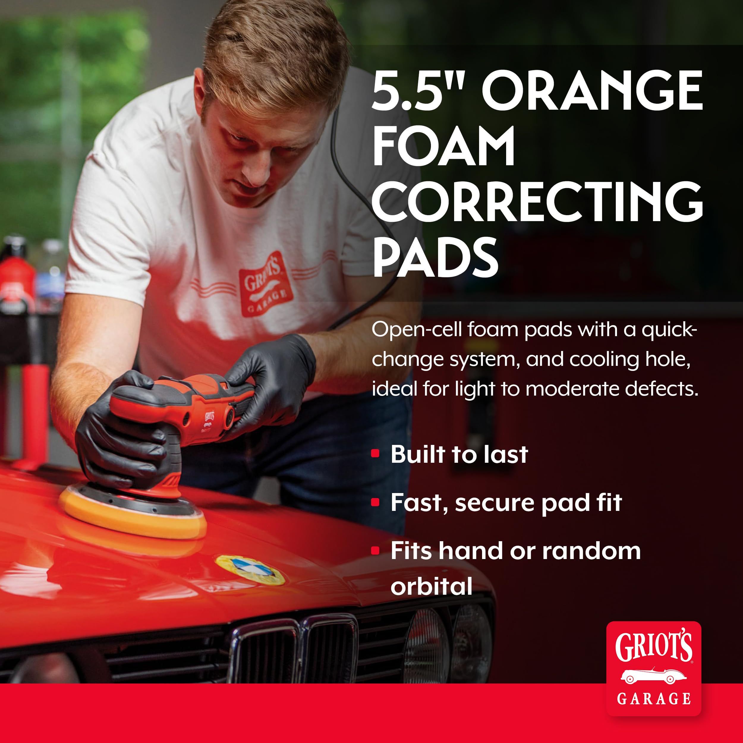 Griot's Garage orange foam pad beveled face for uniform product application.