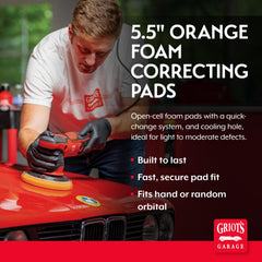 Griot's Garage orange foam pad beveled face for uniform product application.
