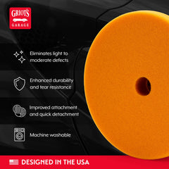 Griot's Garage hook-and-loop attachment keeps pad secure during polishing.