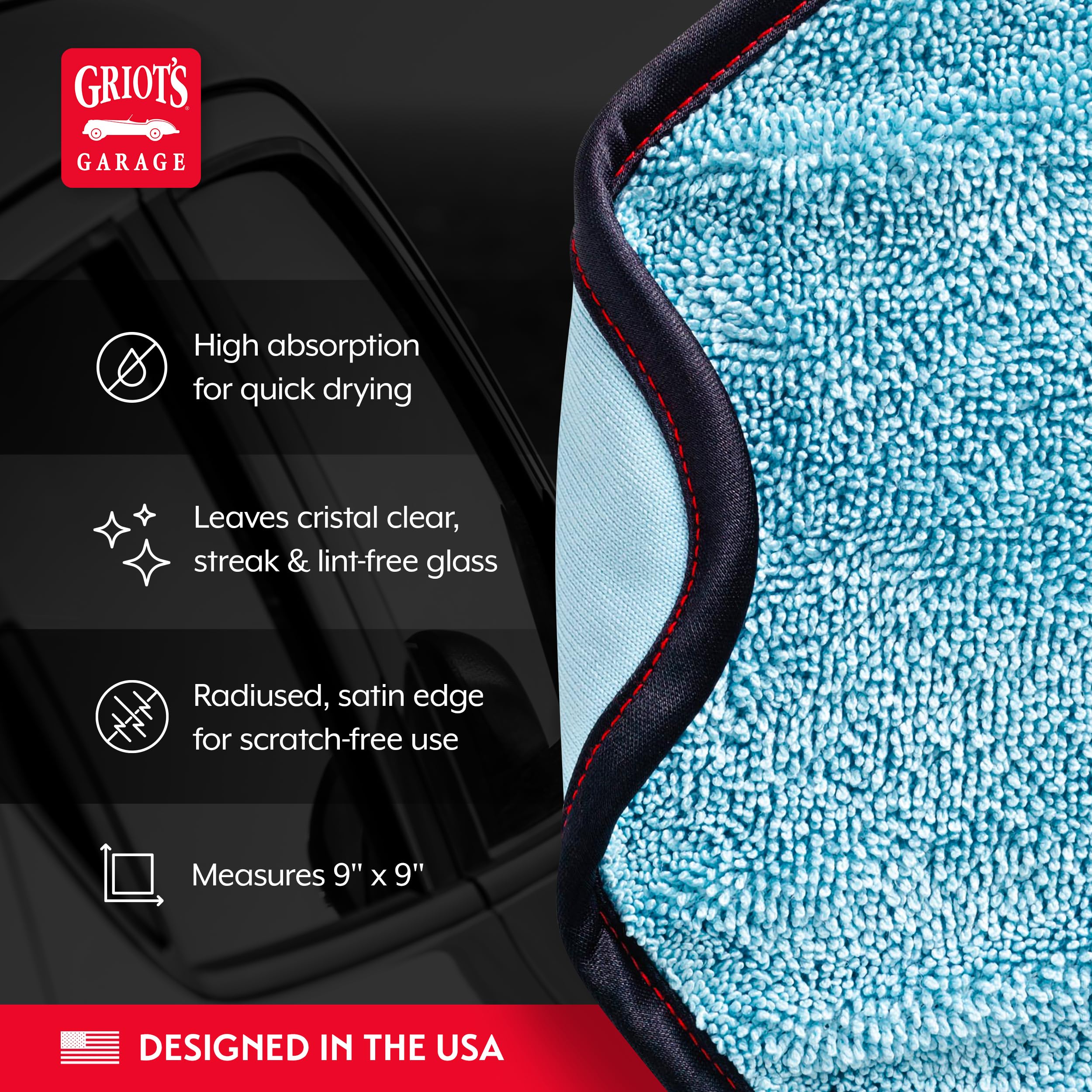 Griot's Garage PFM glass towel plush side lifts grime with high absorbency