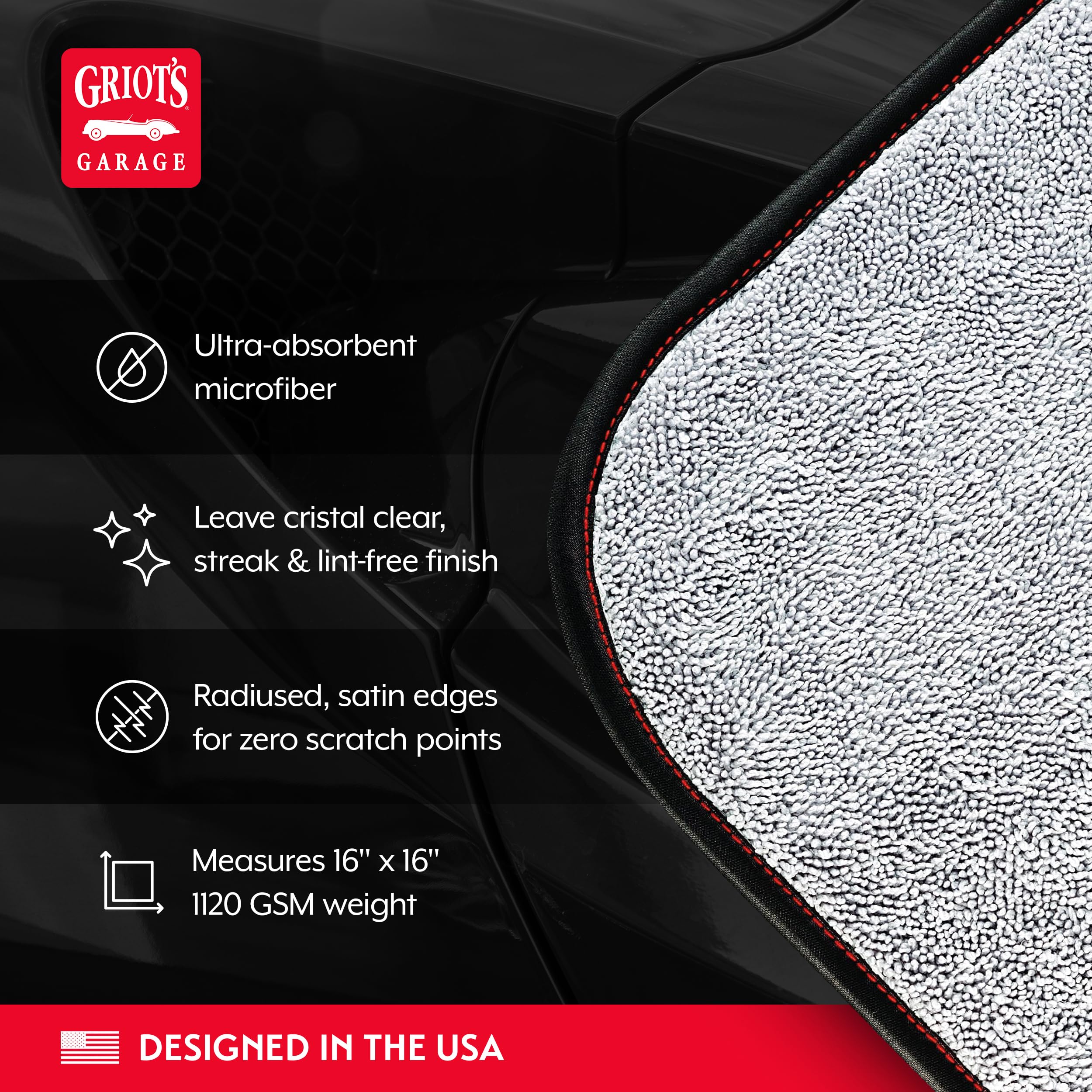Griot's Garage PFM Terry weave towel with satin edge protects delicate surfaces from scratches.