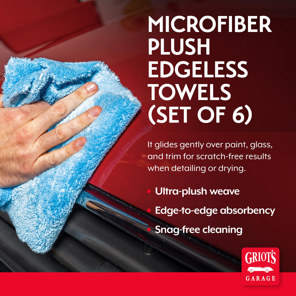 Griot's Garage 16x16 plush towel provides full edge-to-edge absorbency for drying.