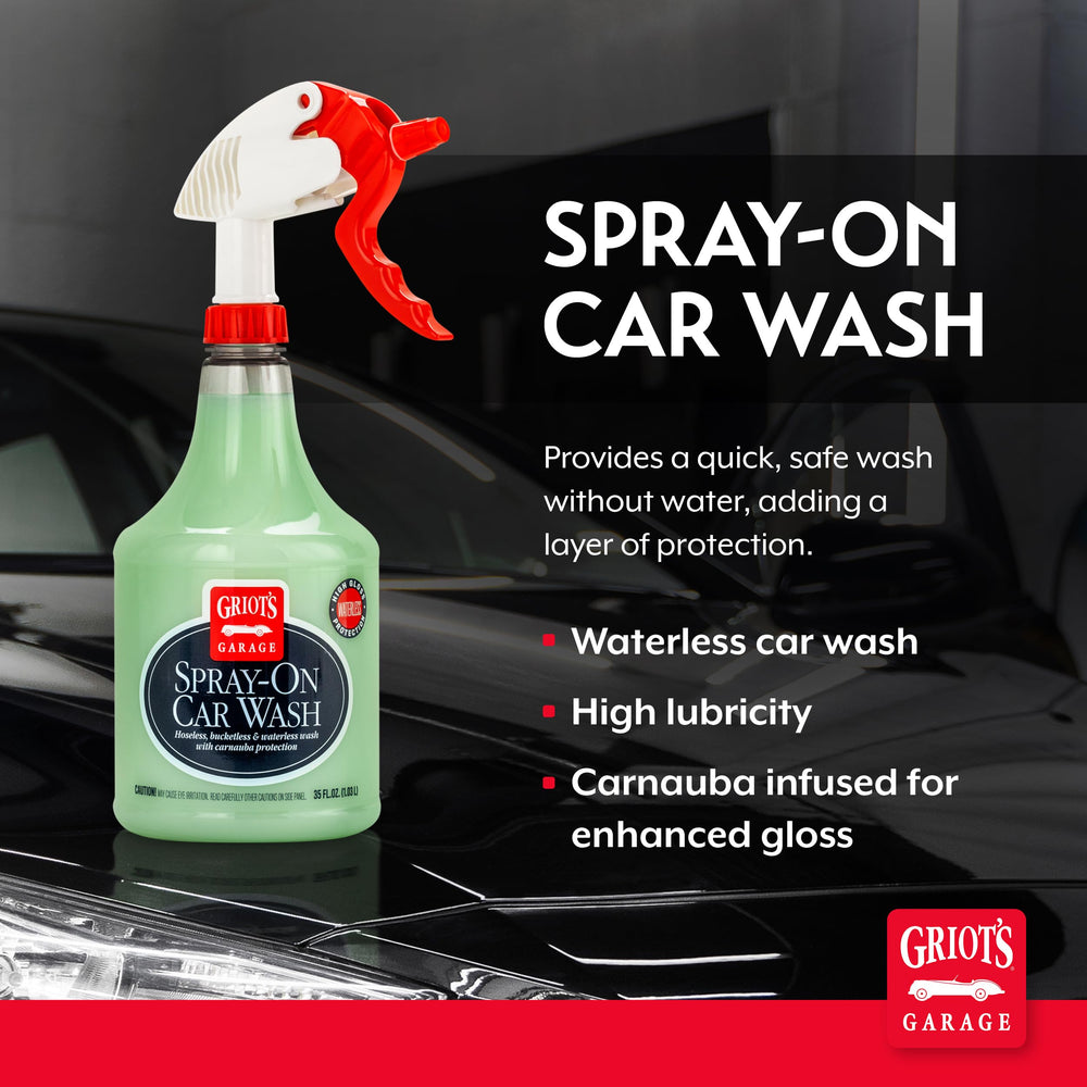 Griot's Garage Spray-On Car Wash spray-on action showing dirt loosening on contact for fast detailing.