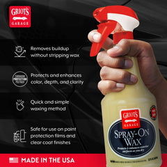Griot's Garage Spray-On Wax bottle front demonstrates easy spray-on application.