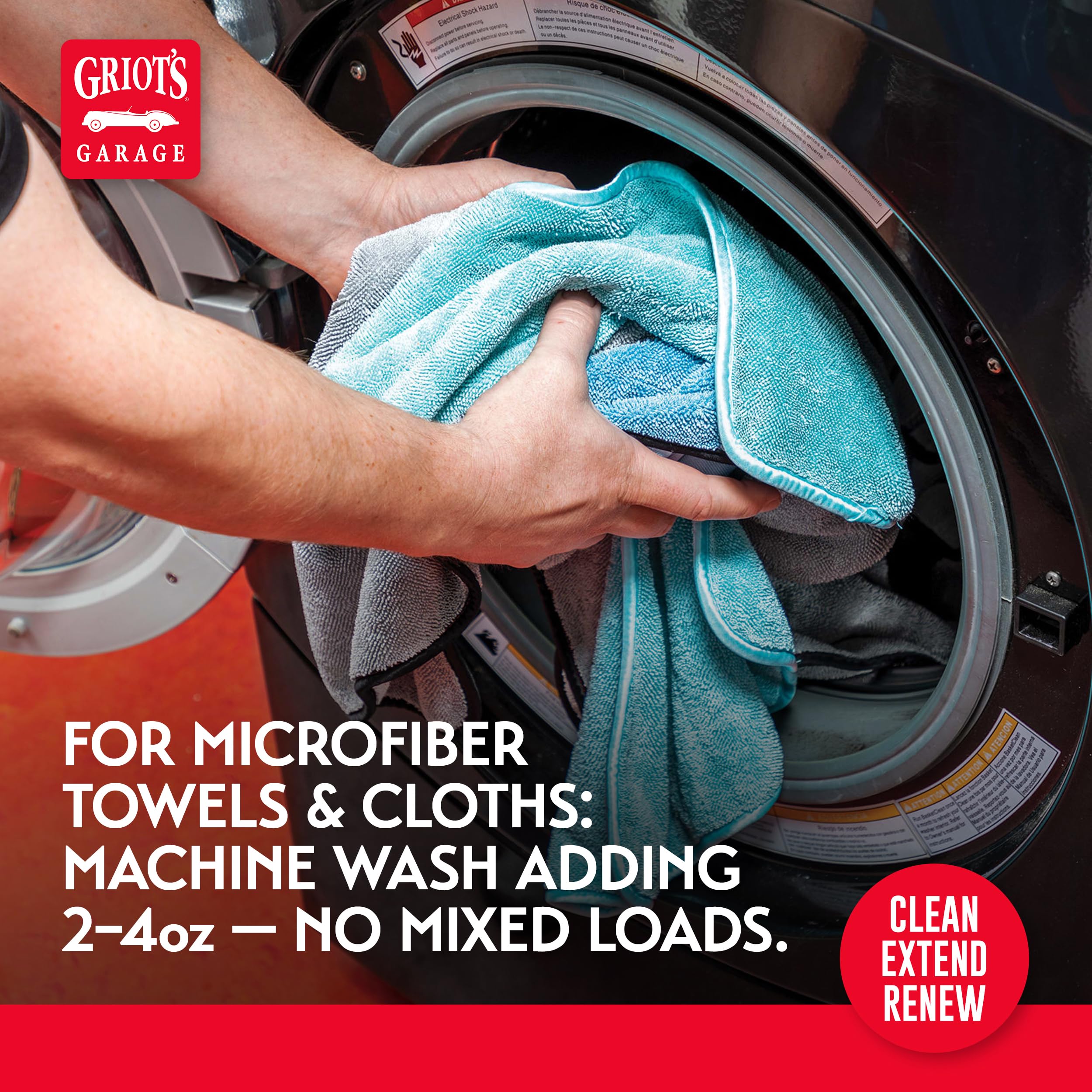 Griot's Garage cleaner shown in washing machine to measure and mix for towels.