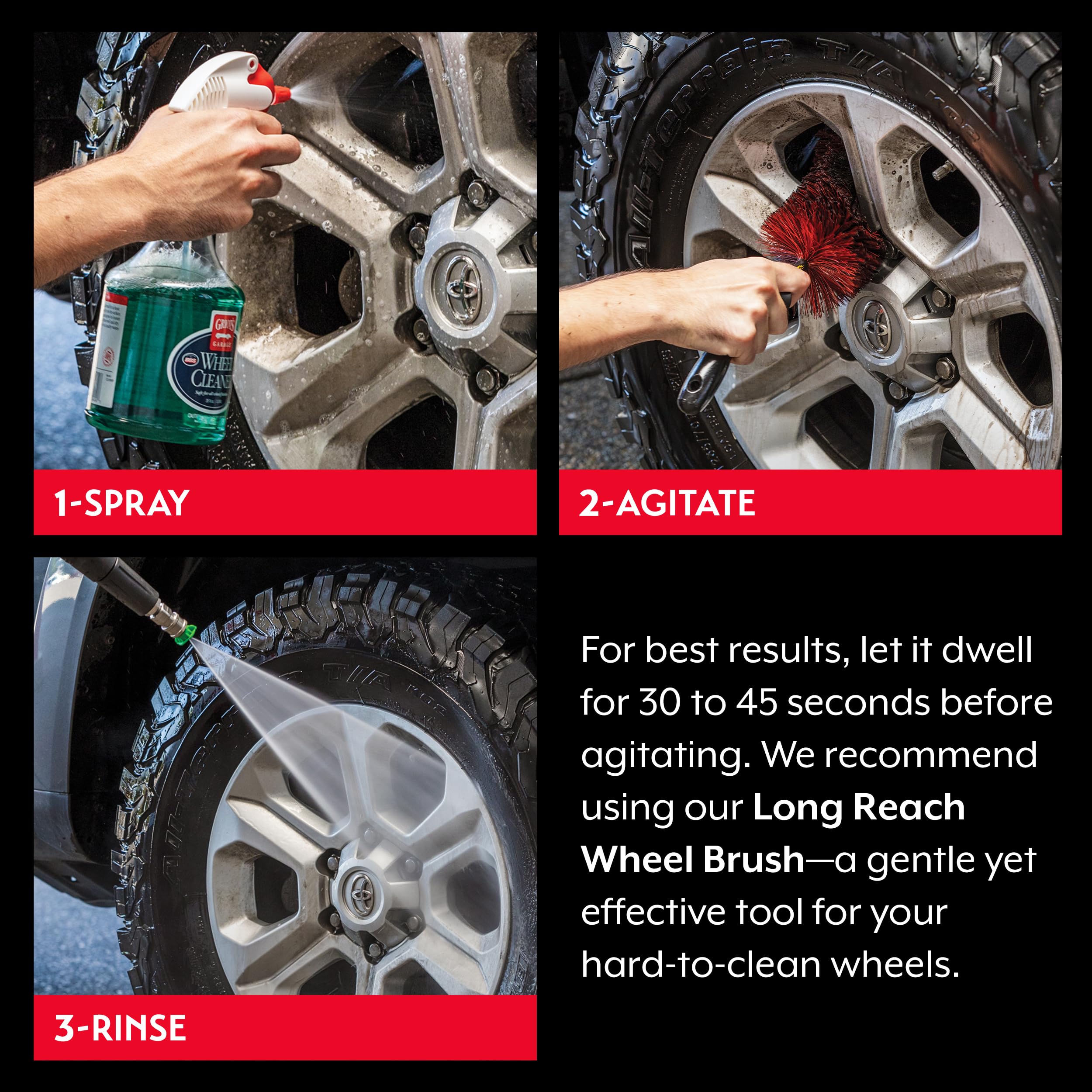 Brake dust removal close-up shows dust loosening and rinsing away for a cleaner finish.