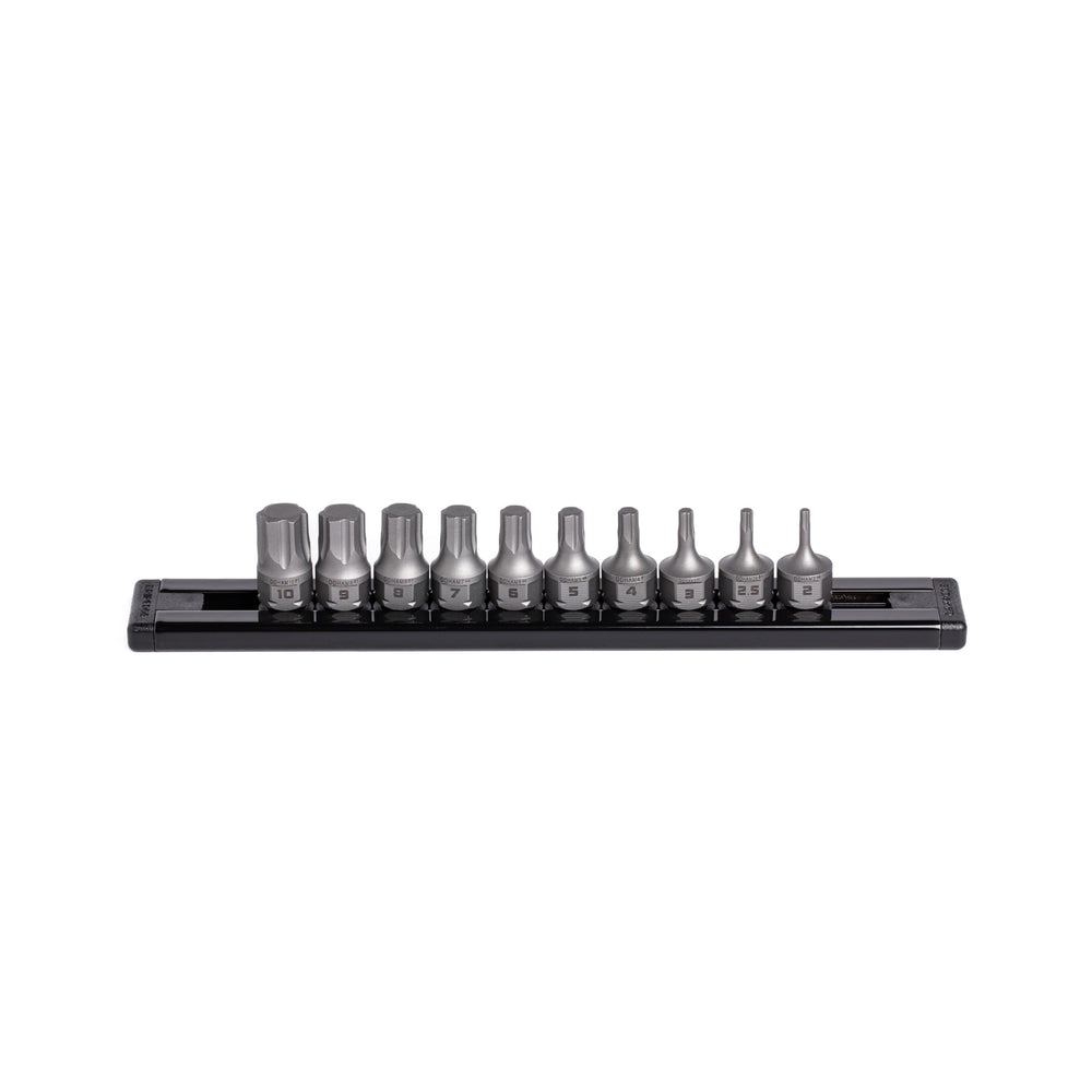 GripEdge 10-Pc RPT hex driver set with compact aluminium rail for organized use.
