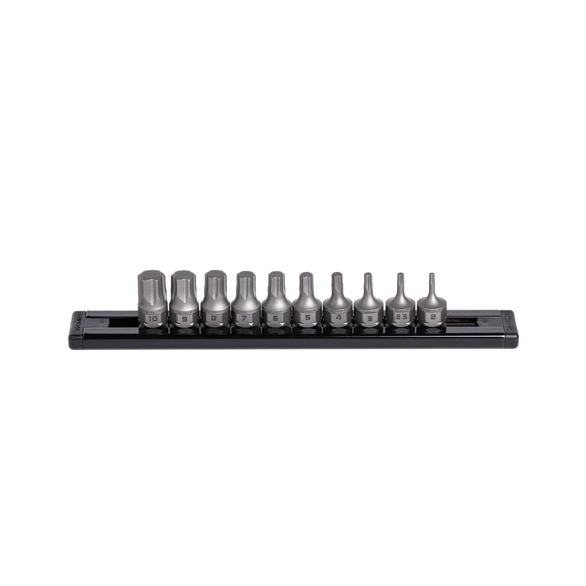 GripEdge 10-Pc RPT hex driver set with compact aluminium rail for organized use.
