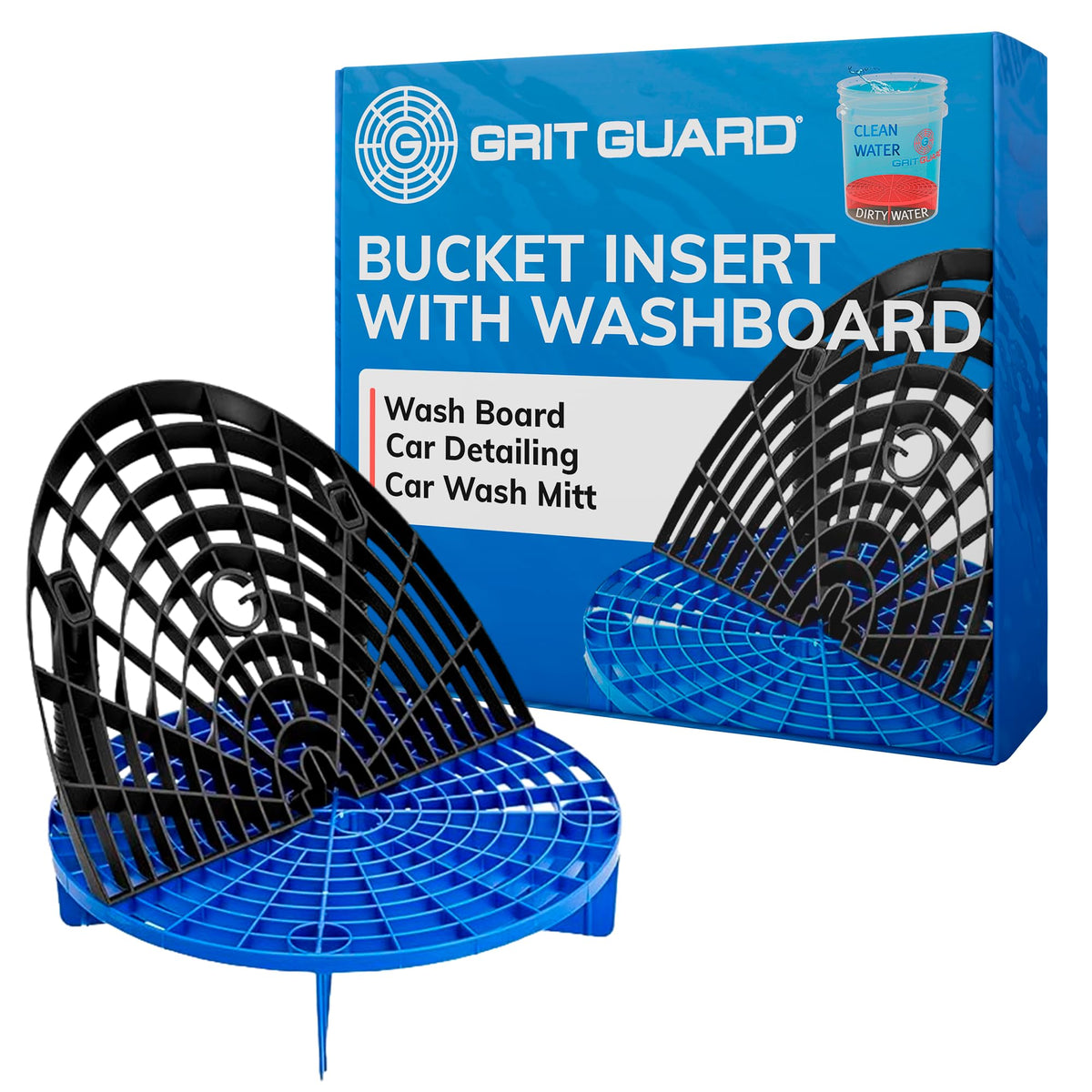 Grit Guard bucket insert with washboard combo demonstrates grit separation for safer car washing.